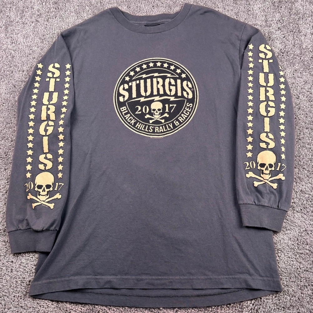 Sturgis Shirt Mens‎ L Gray Double Sided Graphic Tee Black Hills Rally 2017 Skull